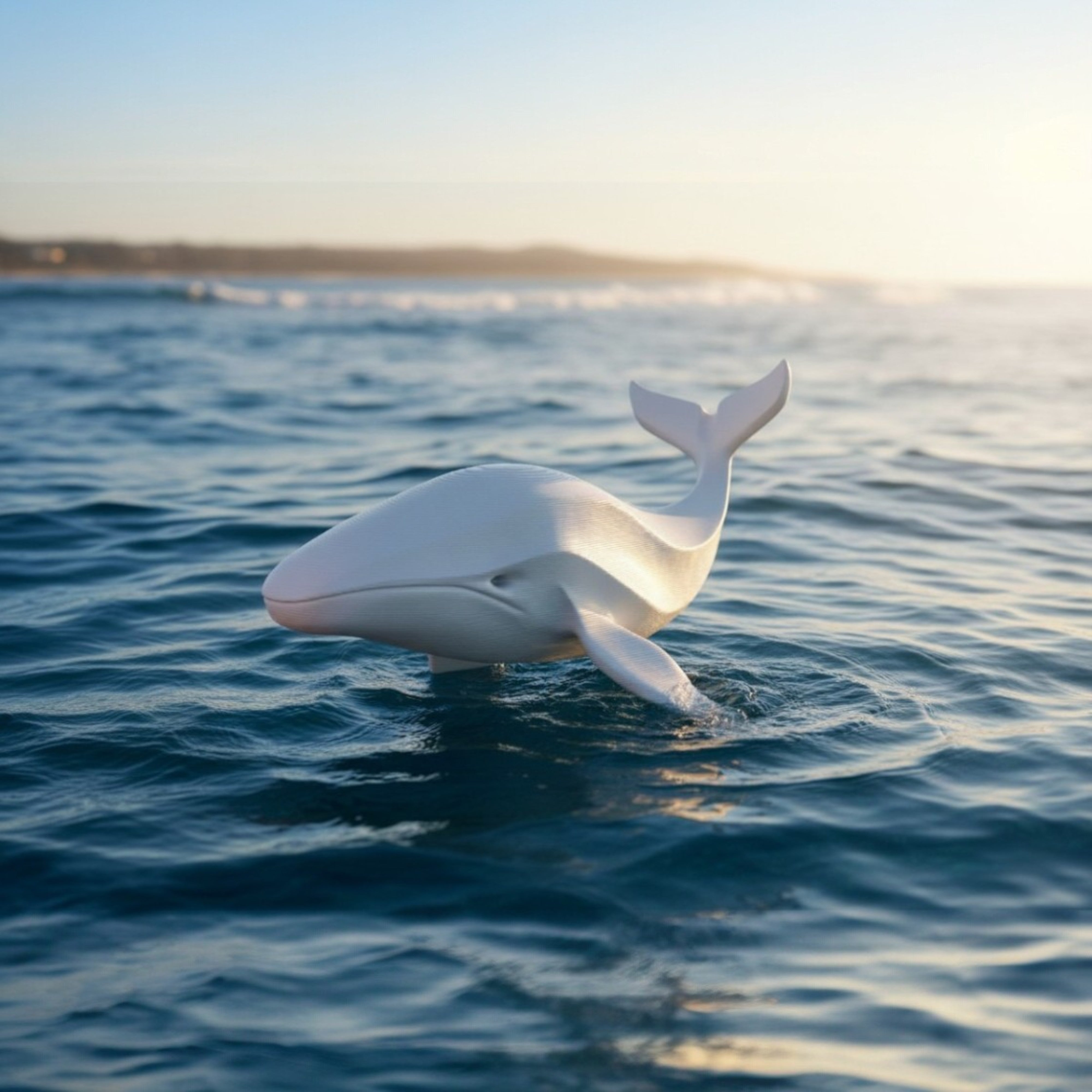 Sculpture de baleine blanche émergeant de l'océan, design fluide et organique en PLA éco-responsable fabriqué en France, lumière de soleil levant sur l'eau