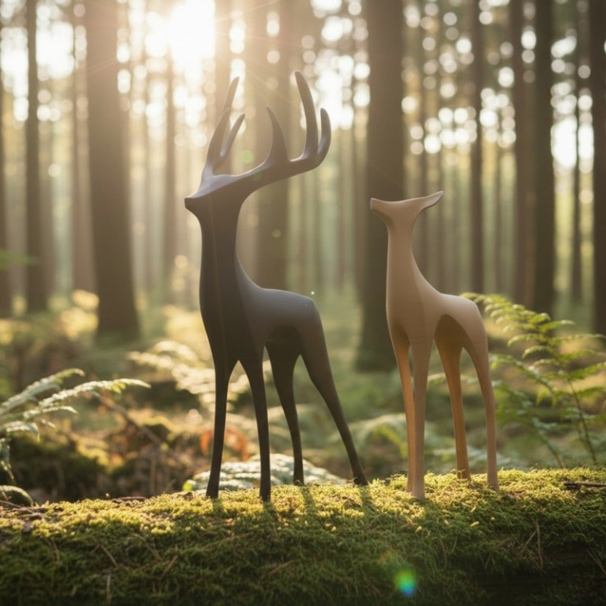 Duo de sculptures minimalistes Cerf et Biche, collection Forêt Zen, design épuré en PLA éco-responsable fabriqué en France, décoration intérieure style Japandi