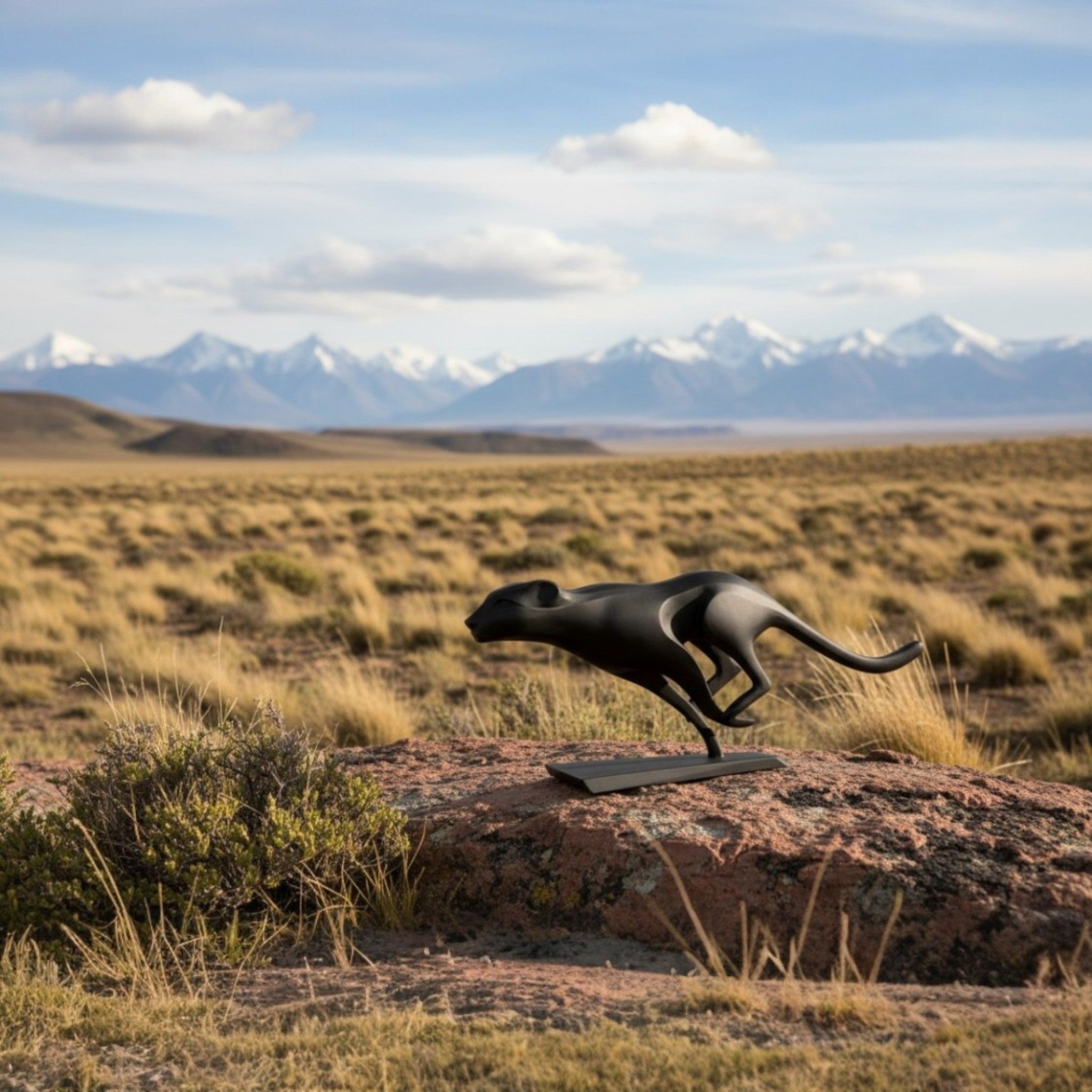 Sculpture minimaliste de Puma noir mat en plein bond sur un rocher, design robuste en PLA éco-responsable fabriqué en France, décor de montagnes sauvages