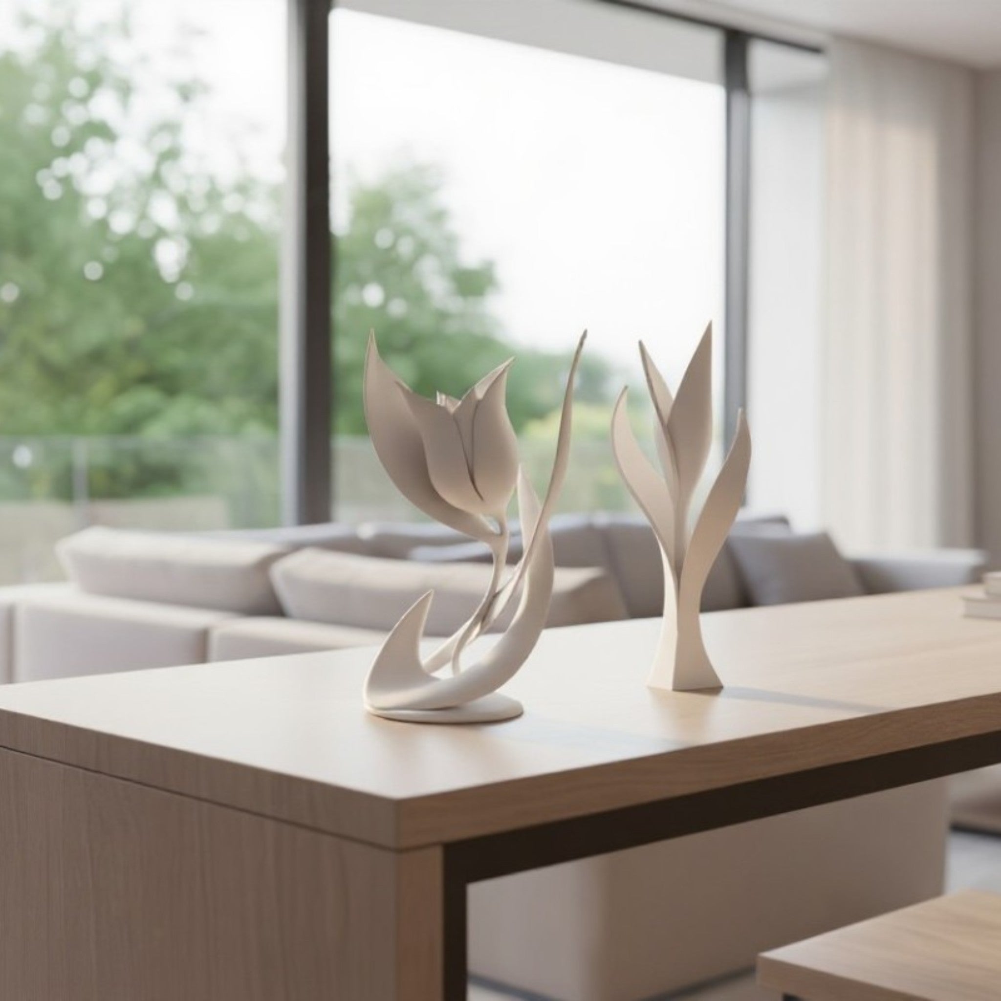 Duo de sculptures décoratives en forme de fleurs au design épuré, fabrication française en PLA éco-responsable.