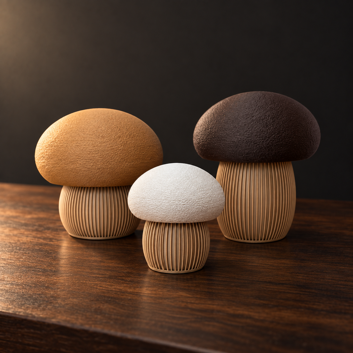 Trio de champignons Japandi – vue trois-quarts
