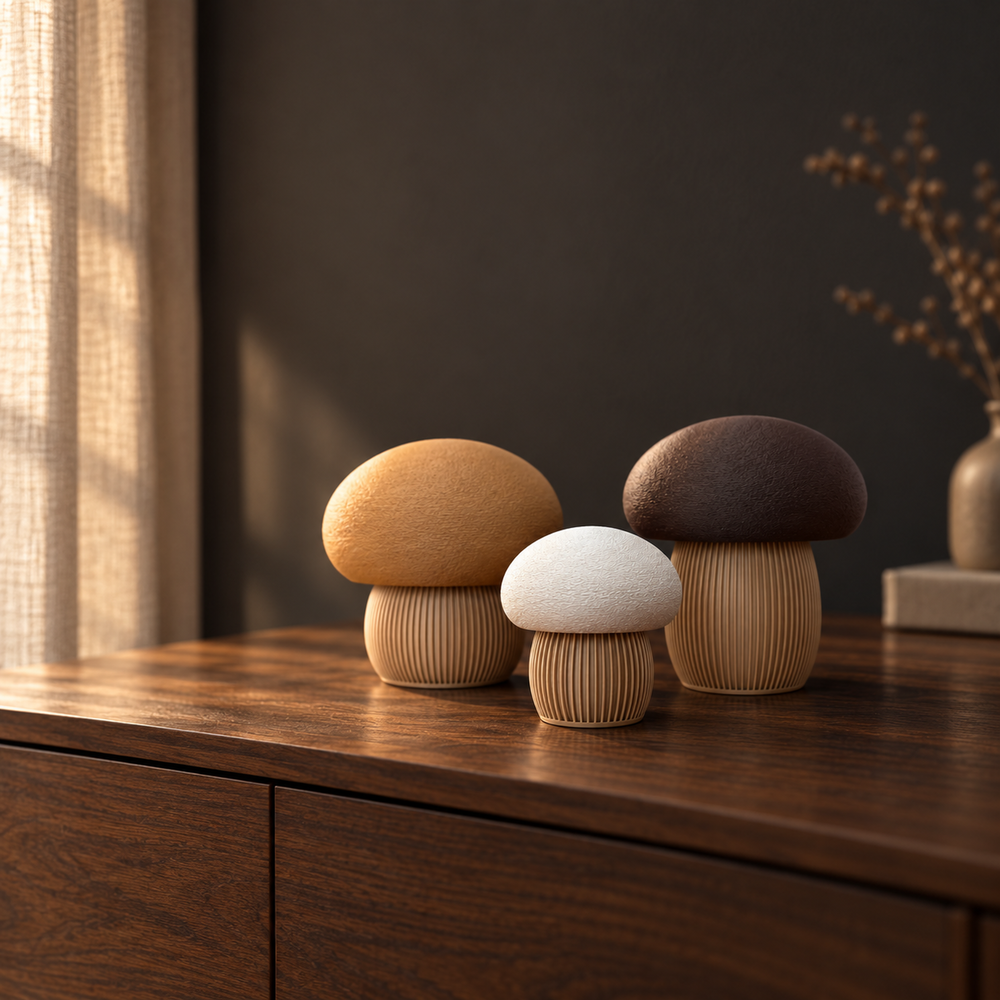 Trio de champignons Japandi dans un intérieur chaleureux