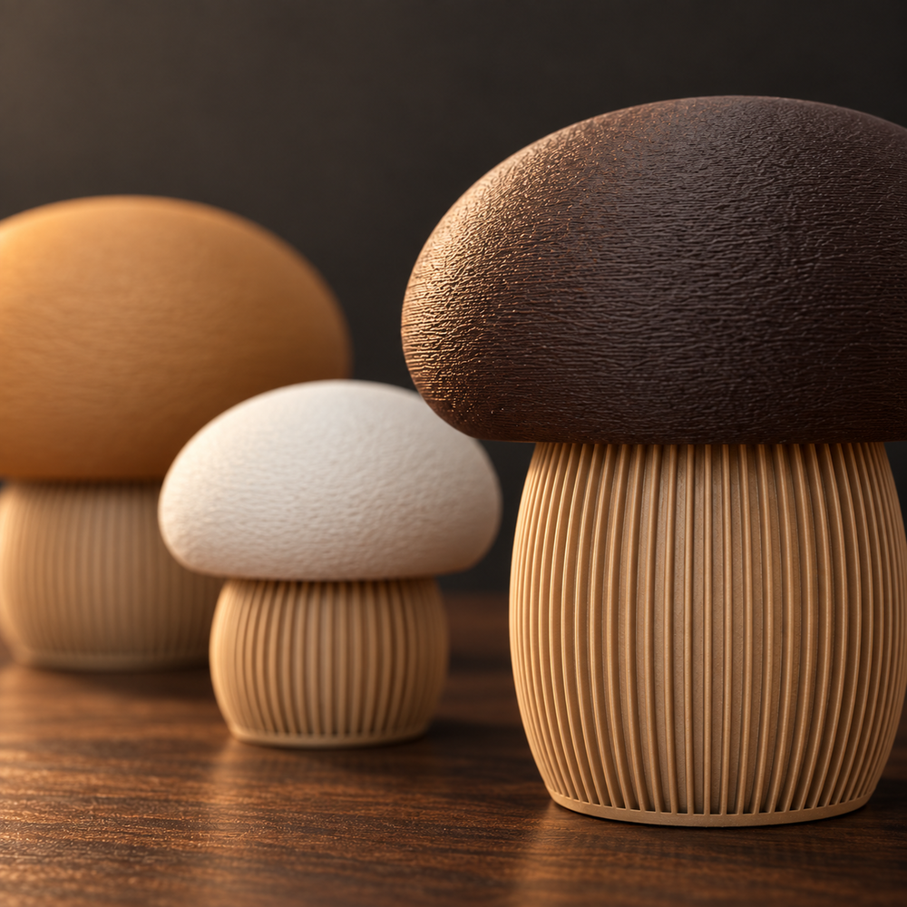 Gros plan sur les textures du trio de champignons Japandi