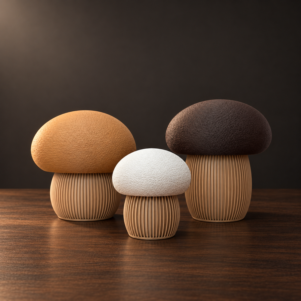 Trio de champignons Japandi présenté de face