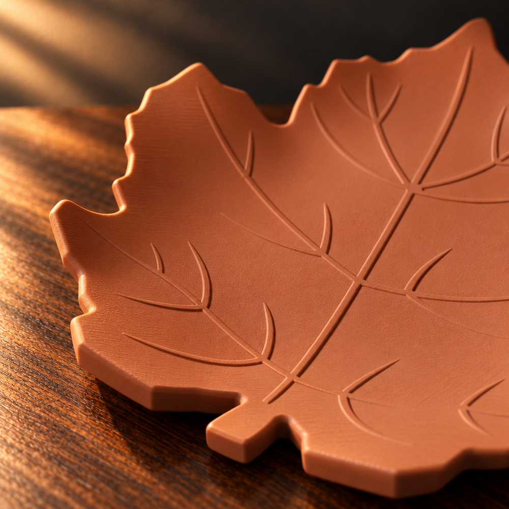 Détail macro de la texture et des nervures du plateau Feuille d’Érable