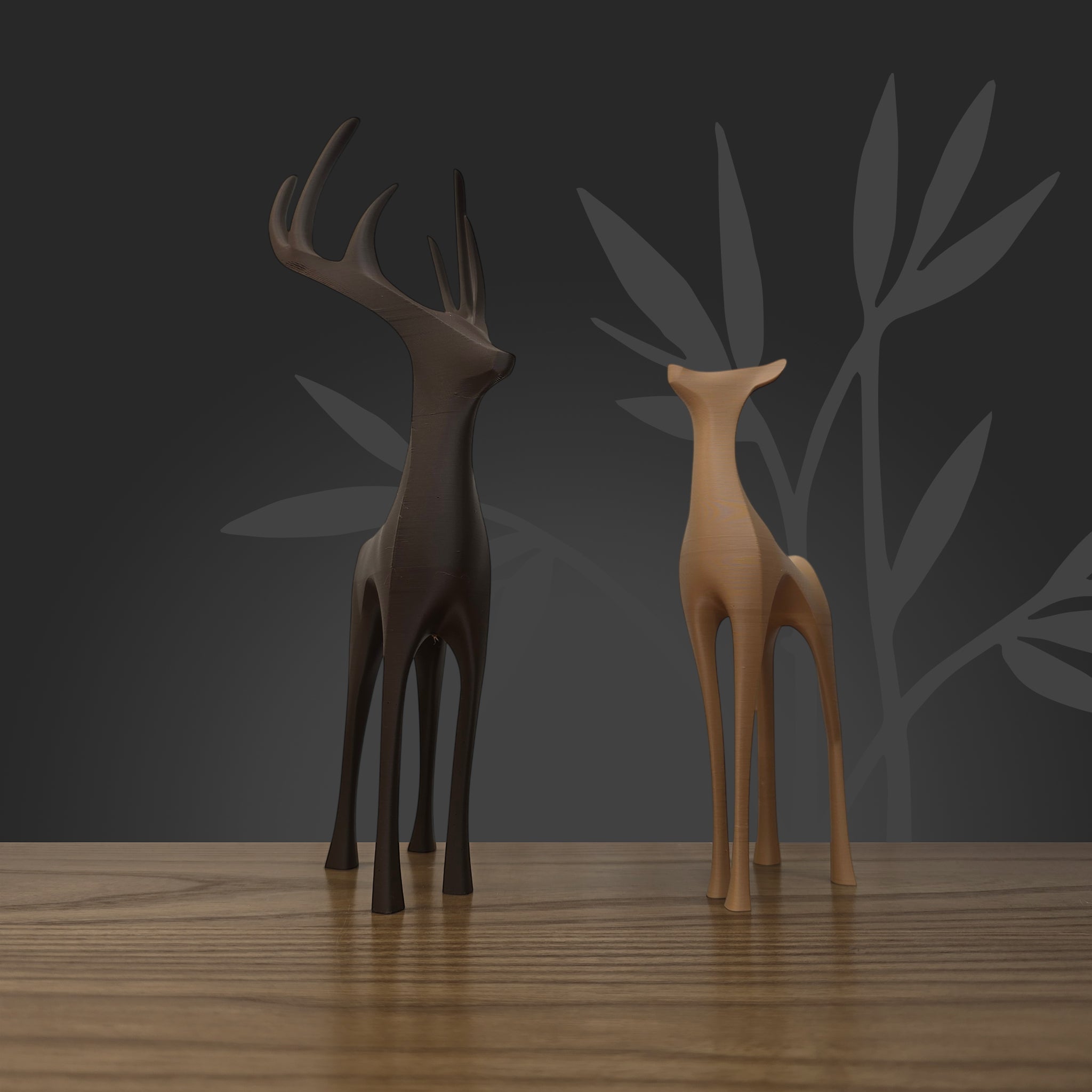 Association déco d'un cerf Chocolat Noir et d'une biche Caramel, finition minérale mate premium.