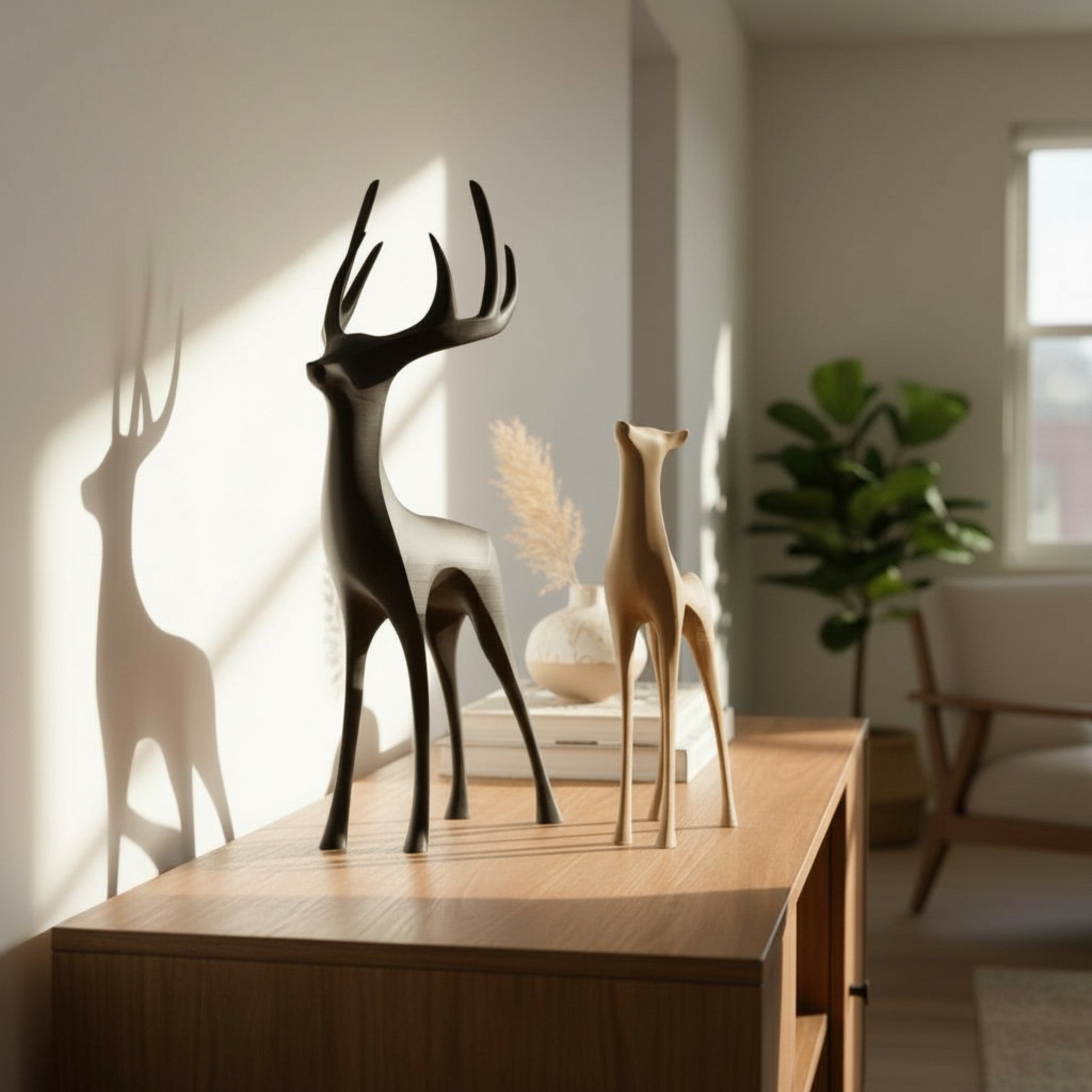 Duo de statuettes minimalistes cerf noir et biche beige en situation sur un meuble en bois, style Japandi, finition mate sans lignes visibles.