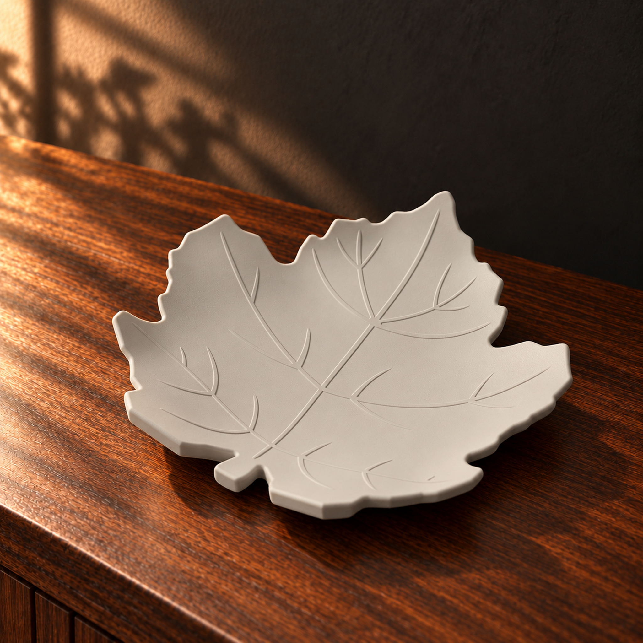 Plateau Feuille d’Érable Ivoire Minéral mis en scène sur un meuble en bois