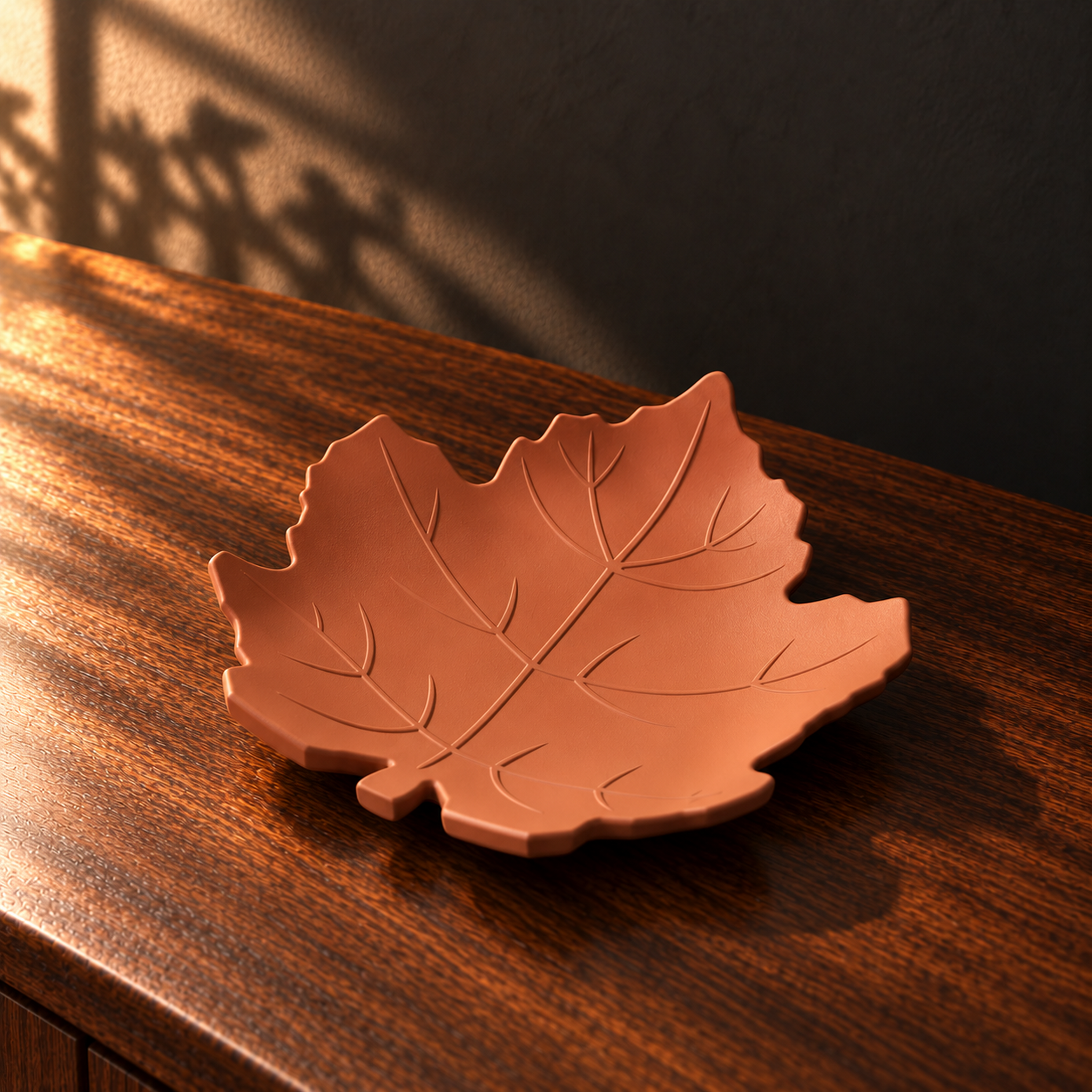 Plateau Feuille d’Érable Terre Brûlée mis en scène sur un meuble en bois