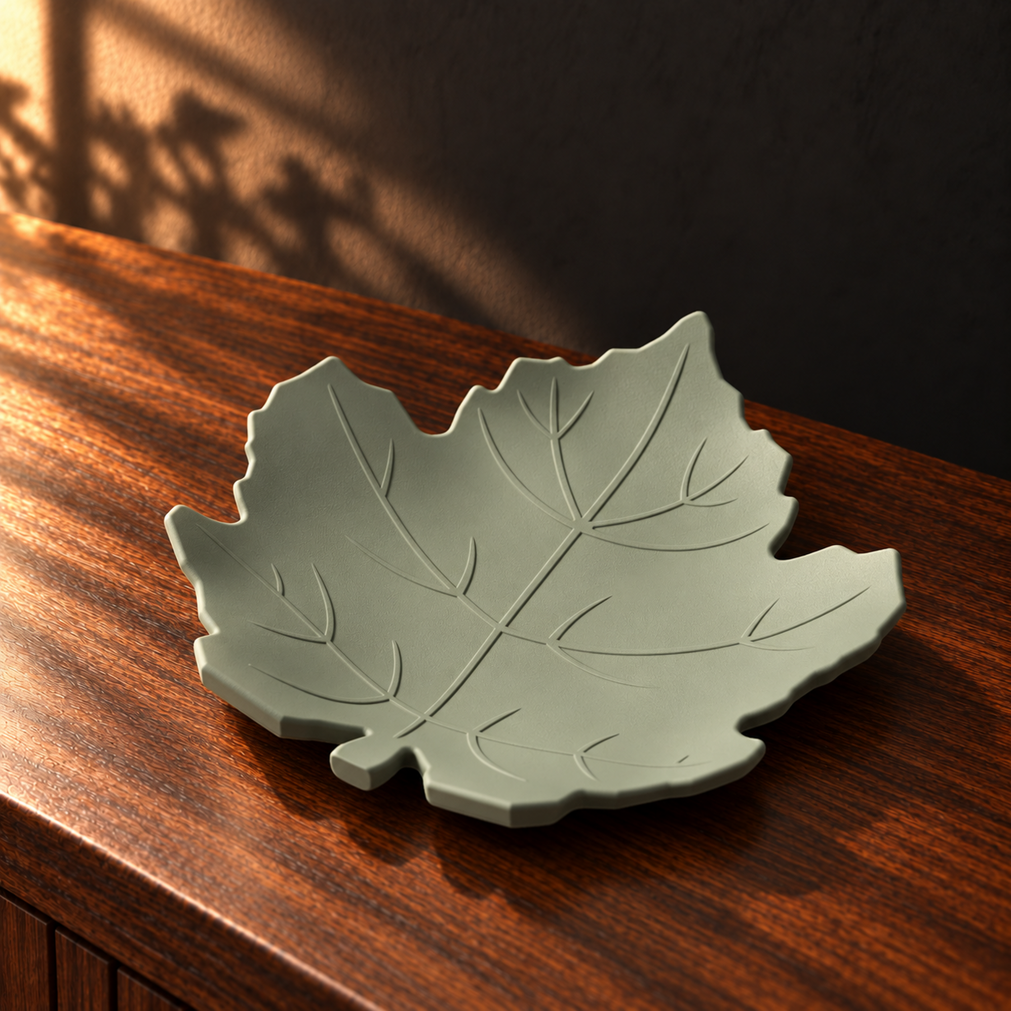 Plateau Feuille d’Érable Vert Sauge mis en scène sur un meuble en bois