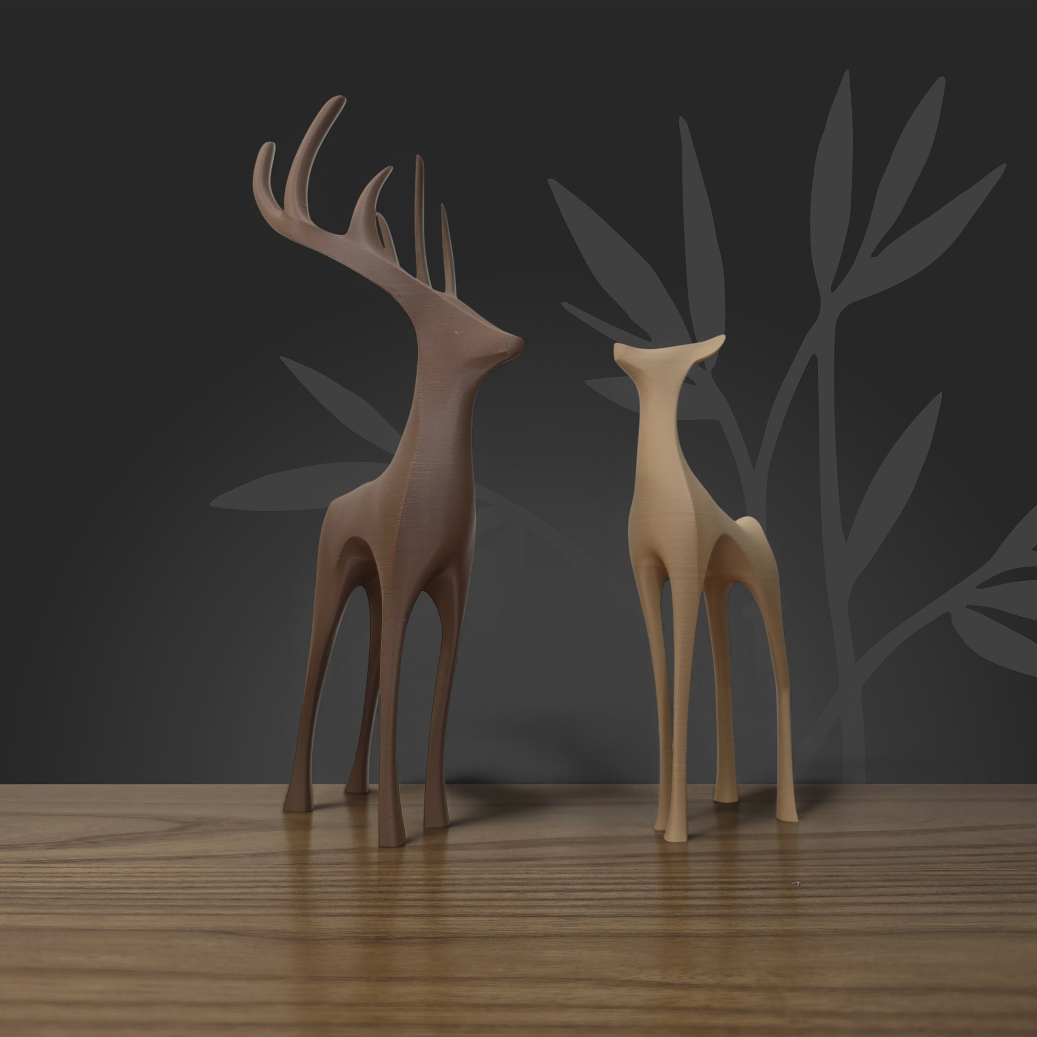 Couple de cerf et biche minimalistes en coloris Chocolat et Naturel, aspect poudré effet céramique