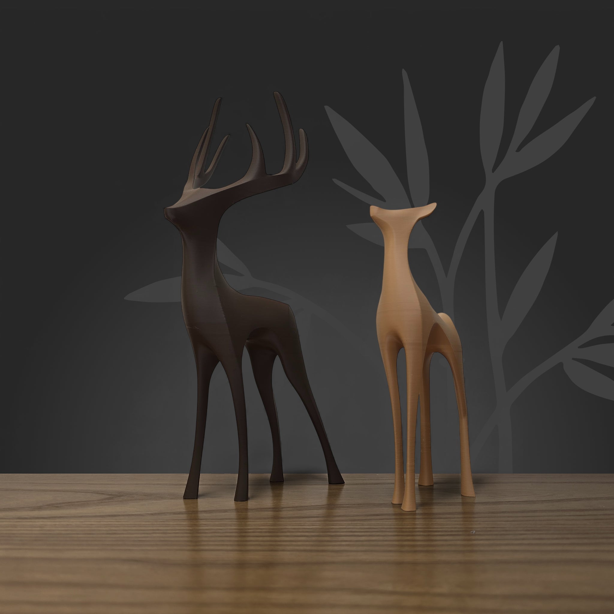 Couple animalier stylisé en impression 3D multicouleurs, coloris Caramel et Brun Profond.