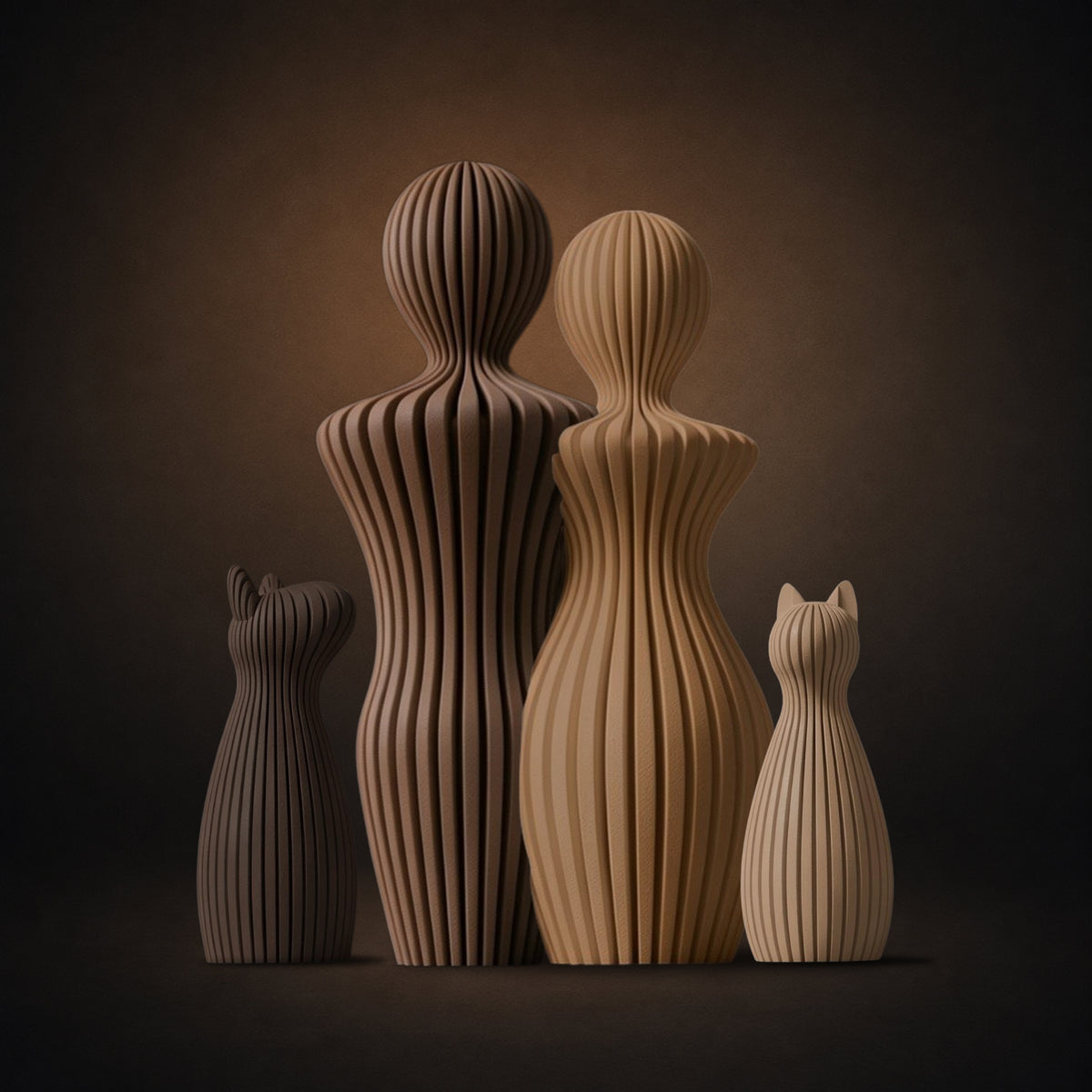 Statuette couple Japandi Héritage Bois avec chat et chien aux oreilles pointues