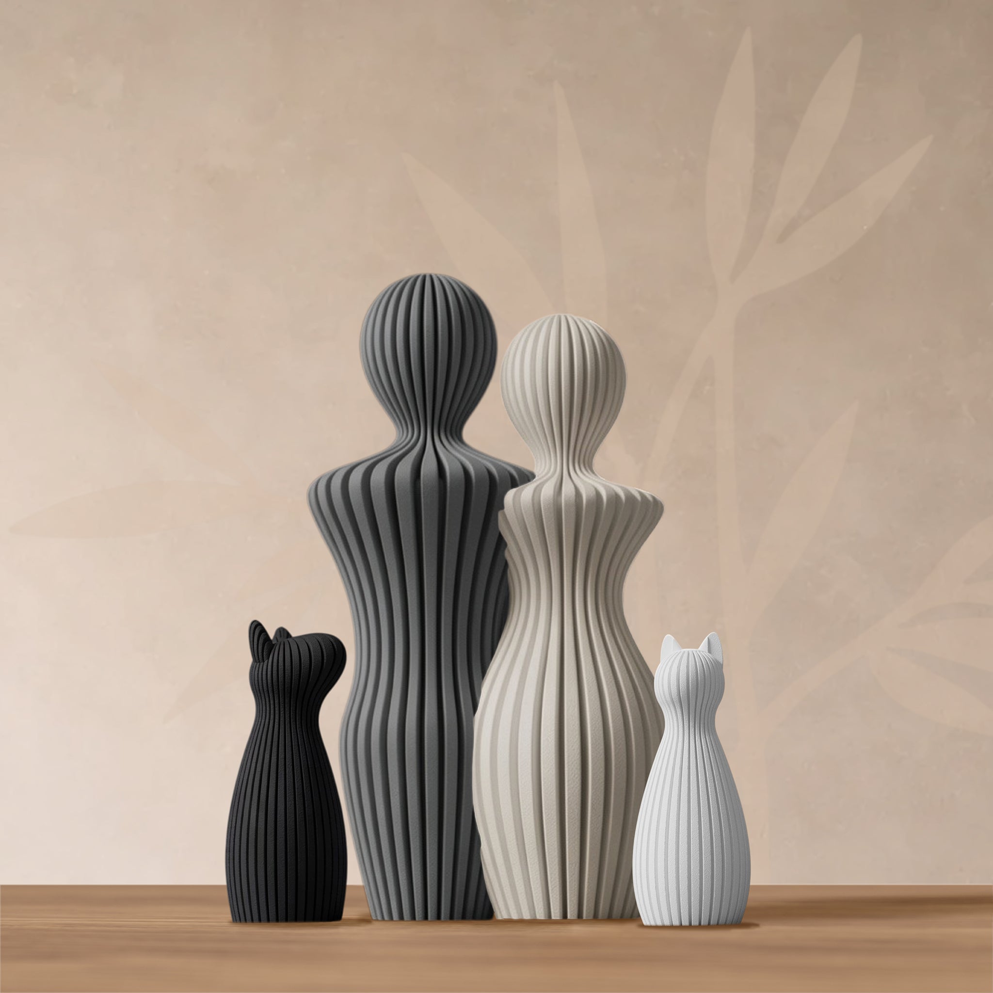 Composition couple accompagnée d'un chien et d'un chat, style Épure Minéral.