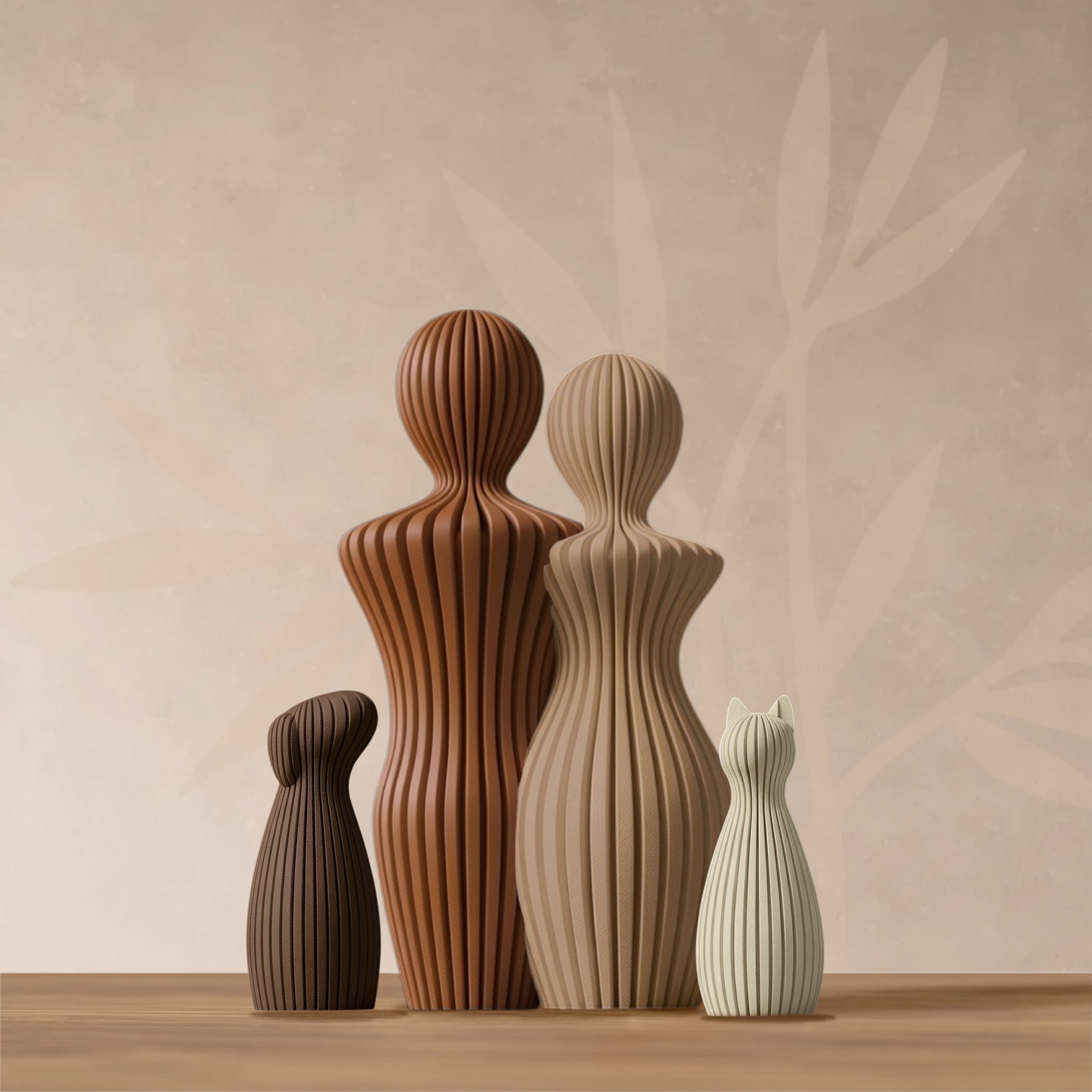 Sculpture couple avec chien oreilles tombantes et chat, finition Douceur Organique.