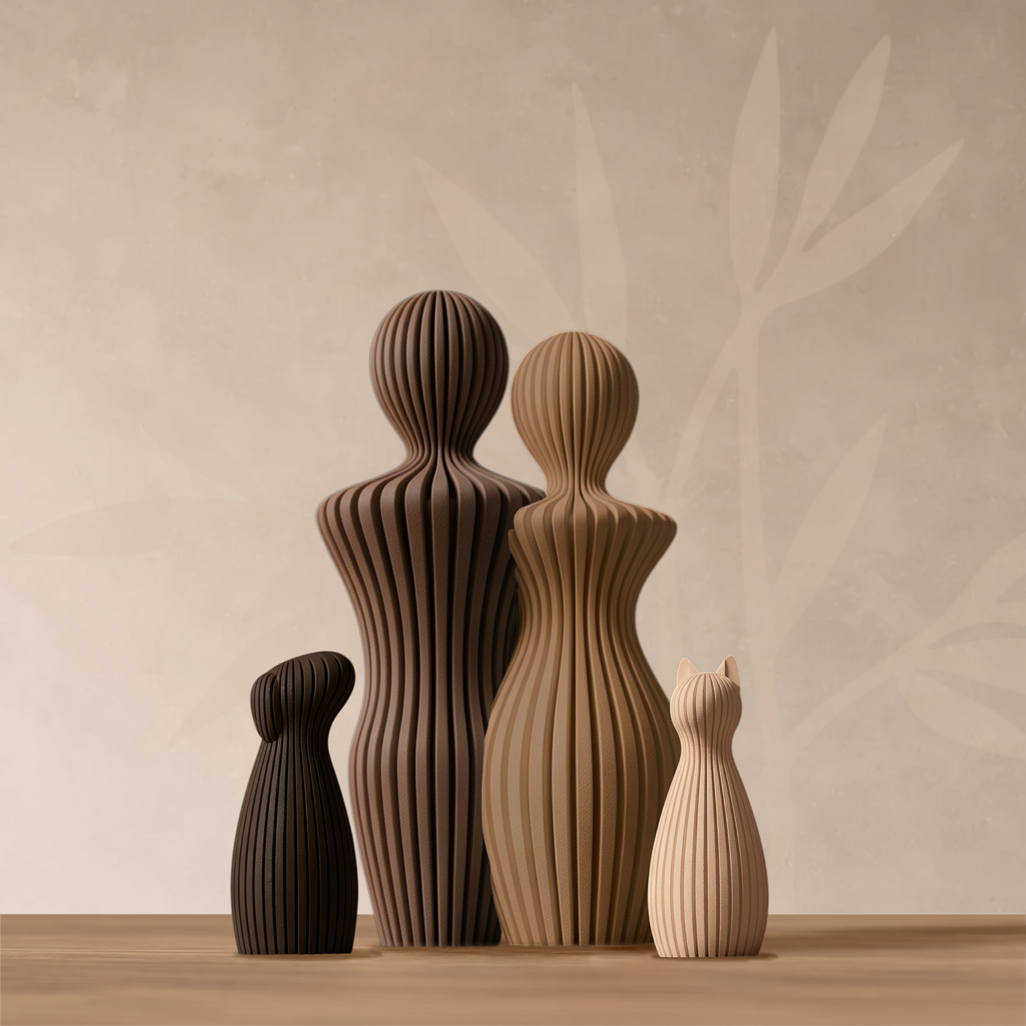 Sculpture couple avec chien oreilles tombantes et chat, finition Douceur Organique.