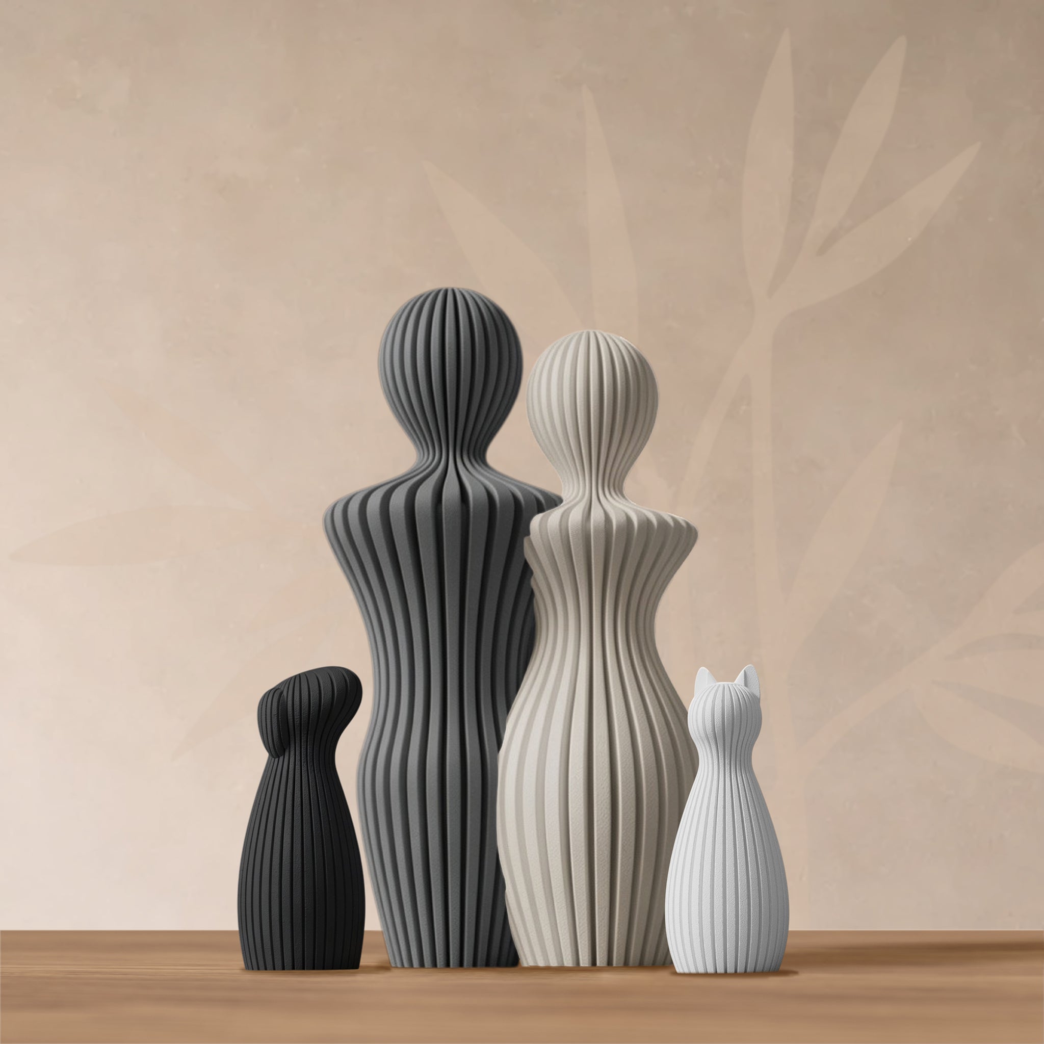 Sculpture couple avec chien oreilles tombantes et chat, finition Épure Minéral.