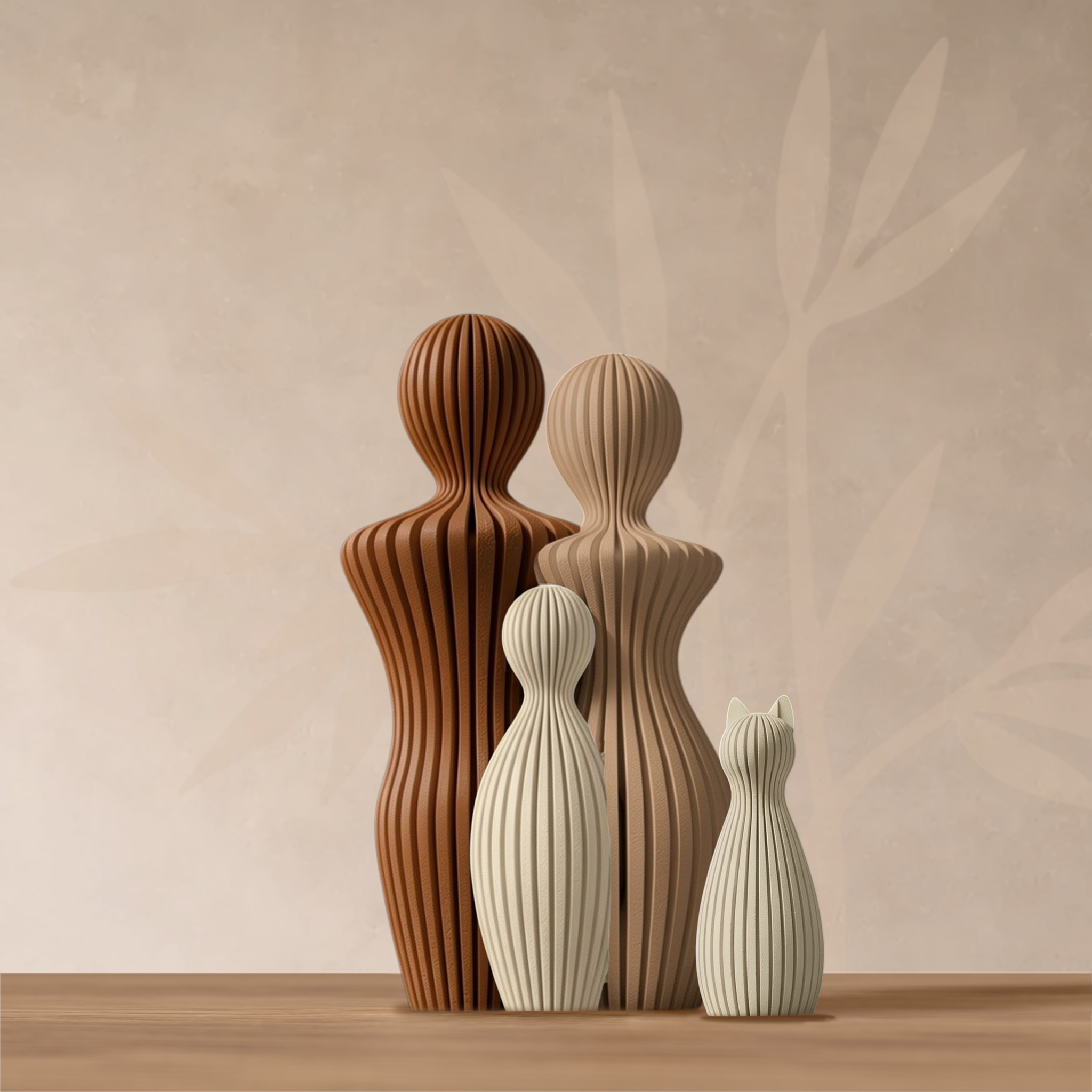 Statuette famille 1 enfant avec chat, design organique et minimaliste.