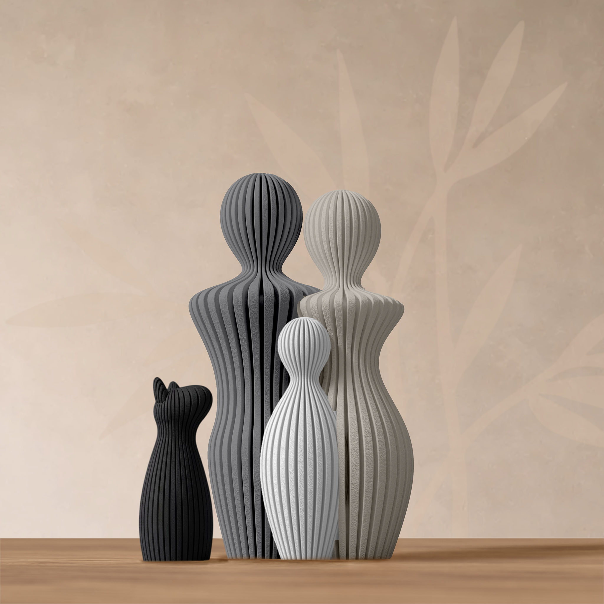 Statuette famille 1 enfant avec chien oreilles pointues, coloris Épure Minéral.