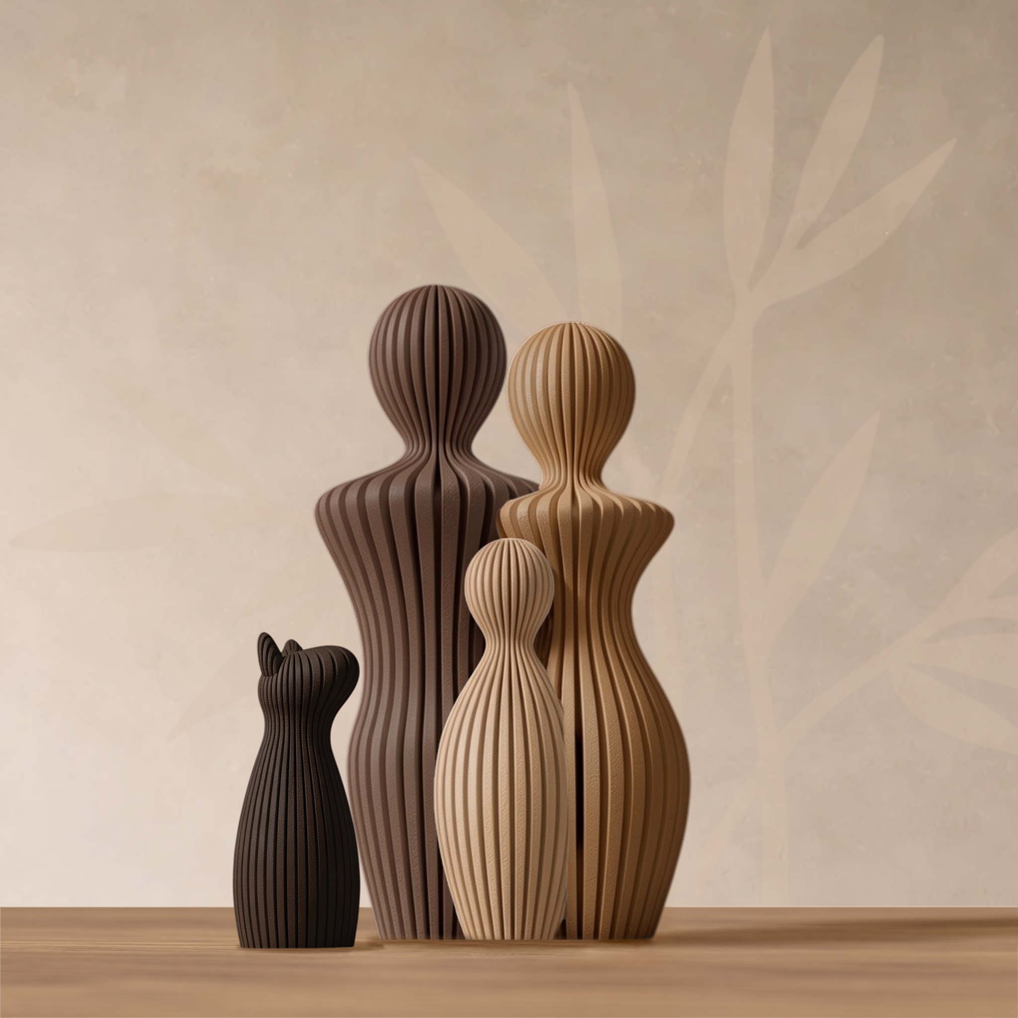 Statuette famille 1 enfant et chien oreilles pointues, coloris Héritage Bois.