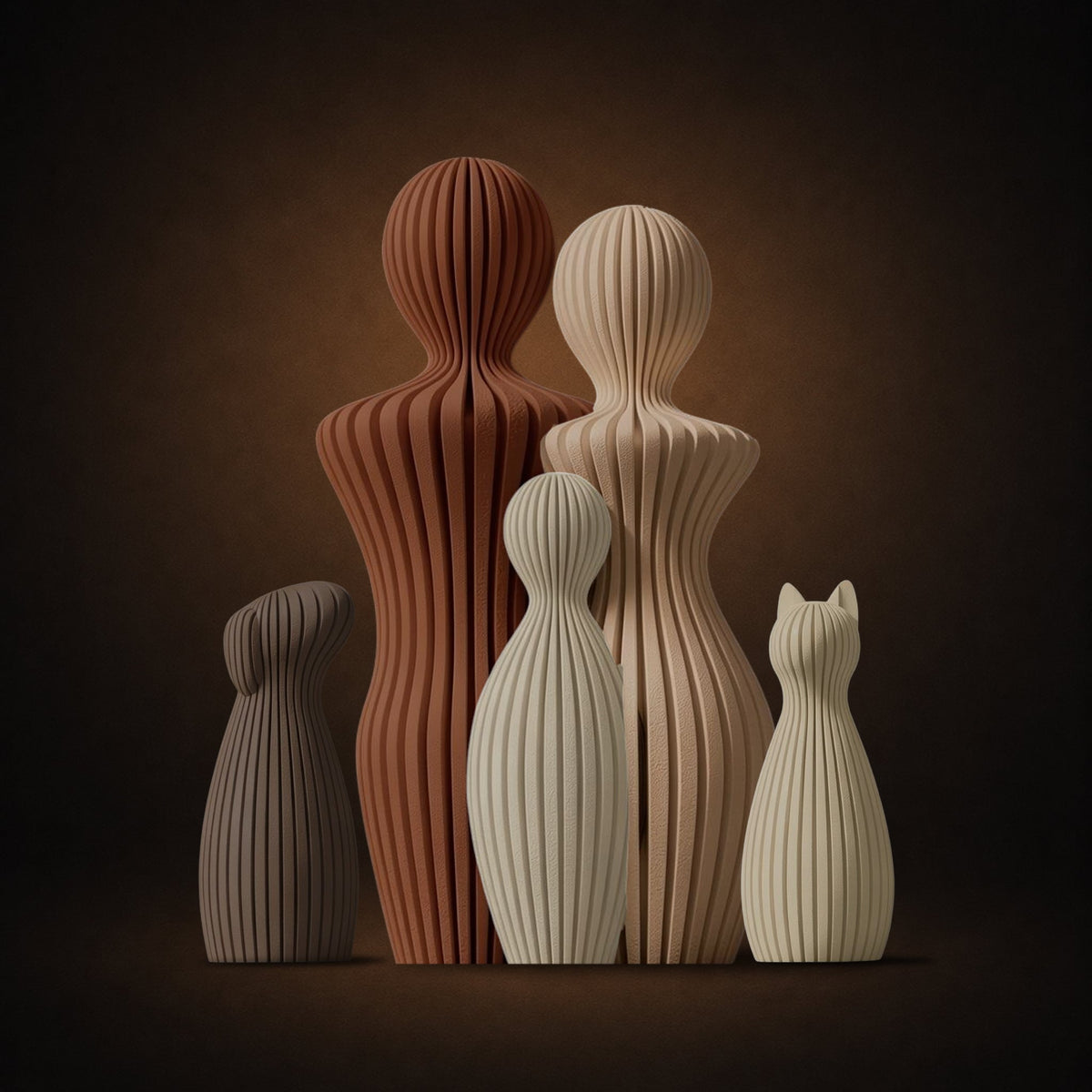 Statuette Famille 1 Enfant — Douceur Organique — Chien (oreilles tombantes) + Chat