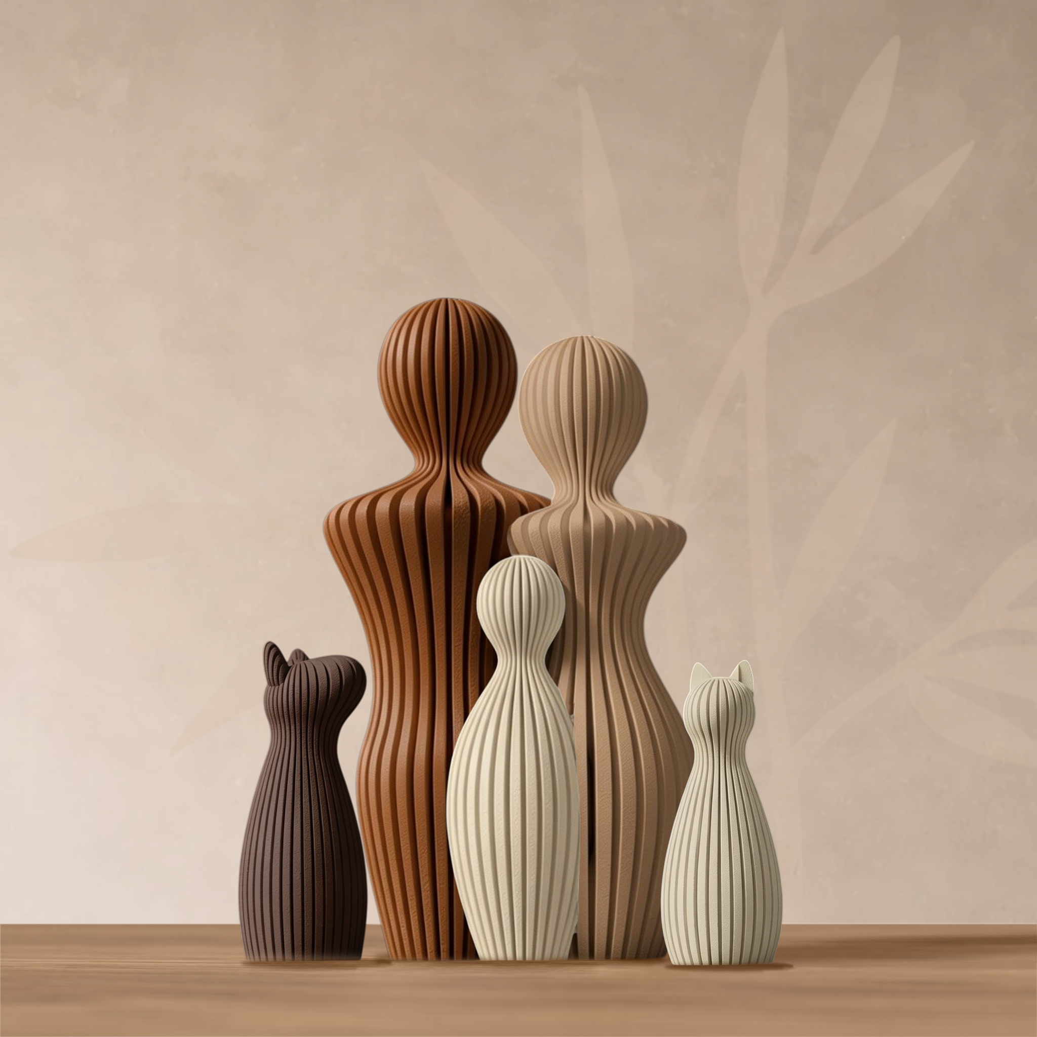 Sculpture famille 1 enfant accompagnée d'un chien et d'un chat, coloris sable.