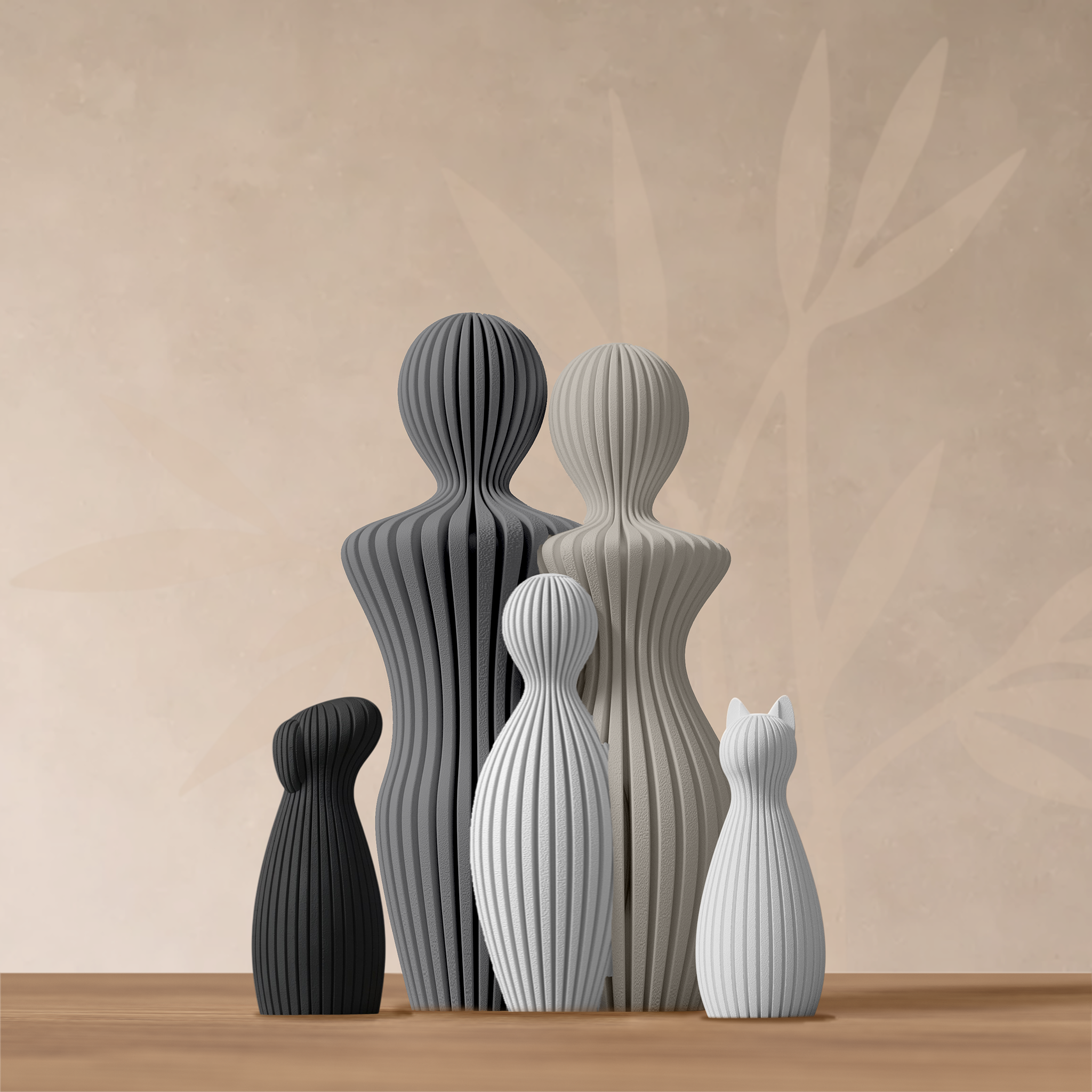 Sculpture famille 1 enfant avec chien et chat, coloris blanc minéral.