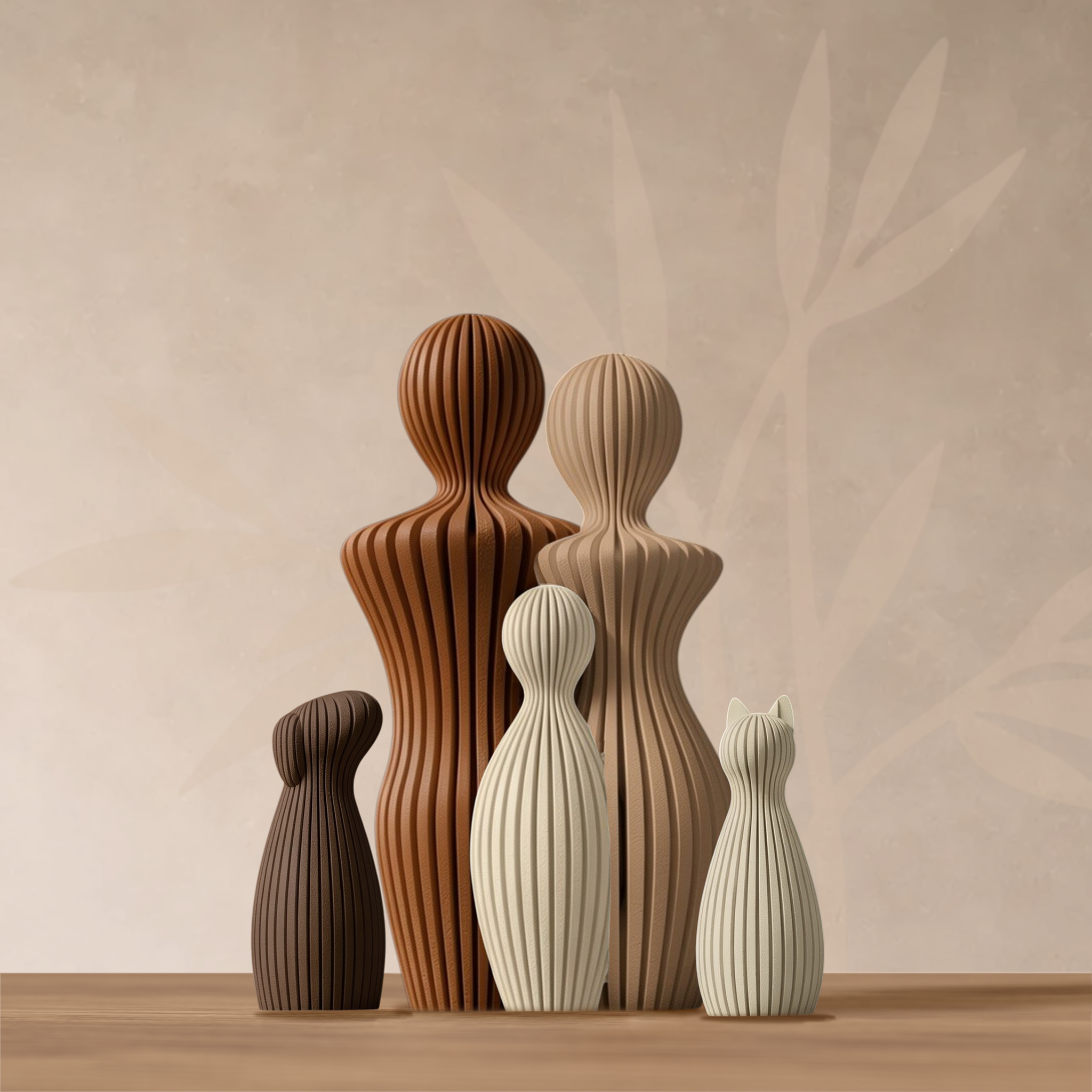 Composition familiale 1 enfant, chien oreilles tombantes et chat, style Japandi.