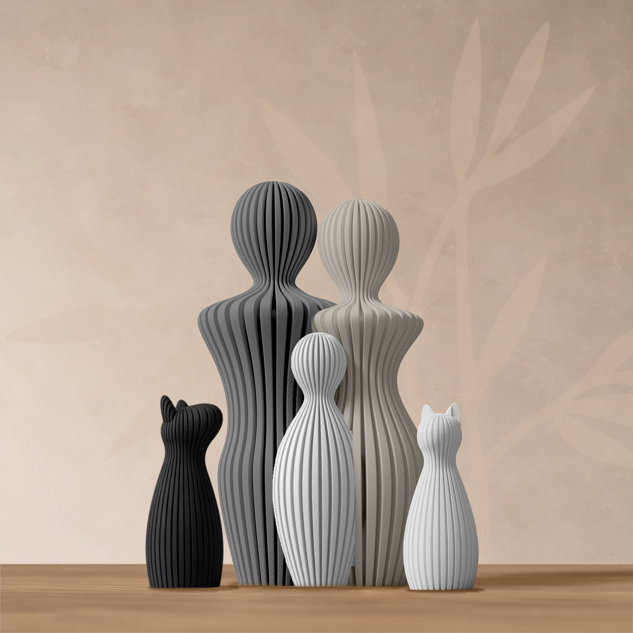 Composition famille 1 enfant, chien oreilles tombantes et chat, finition Épure Minéral.