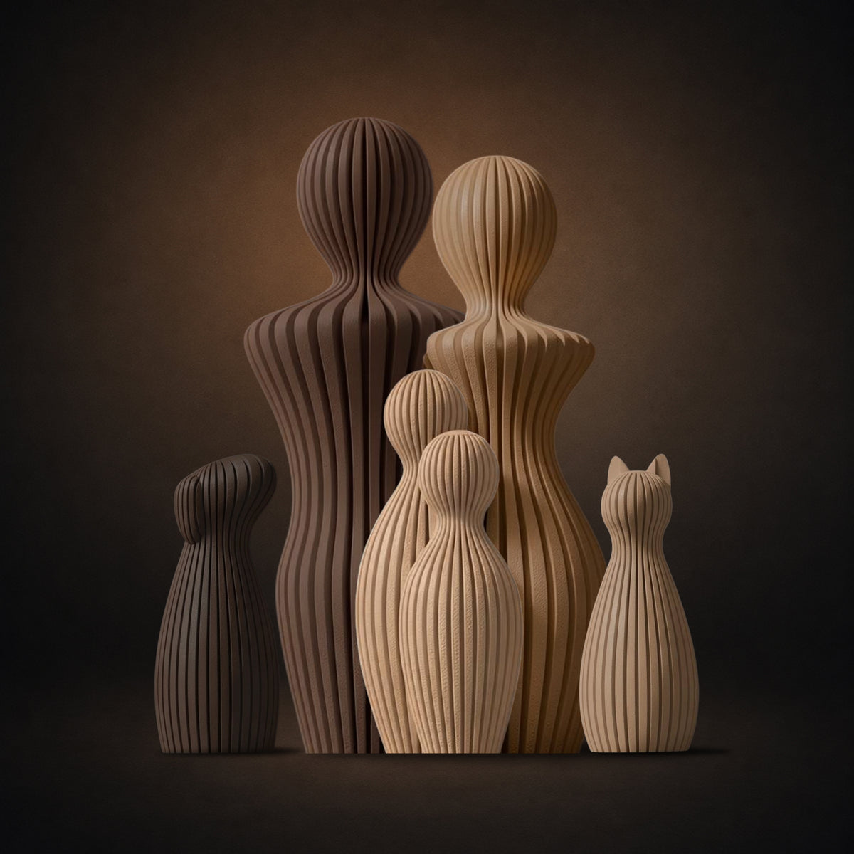 Statuette Famille 2 Enfants — Héritage Bois — Chien (oreilles tombantes) + Chat