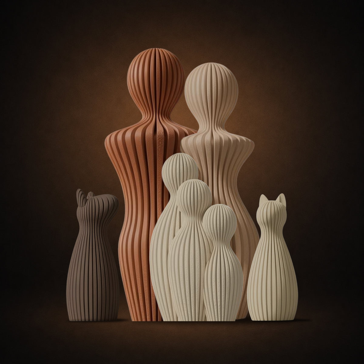 Statuette famille japandi avec 3 enfants, chat et chien aux oreilles pointues – Douceur Organique
