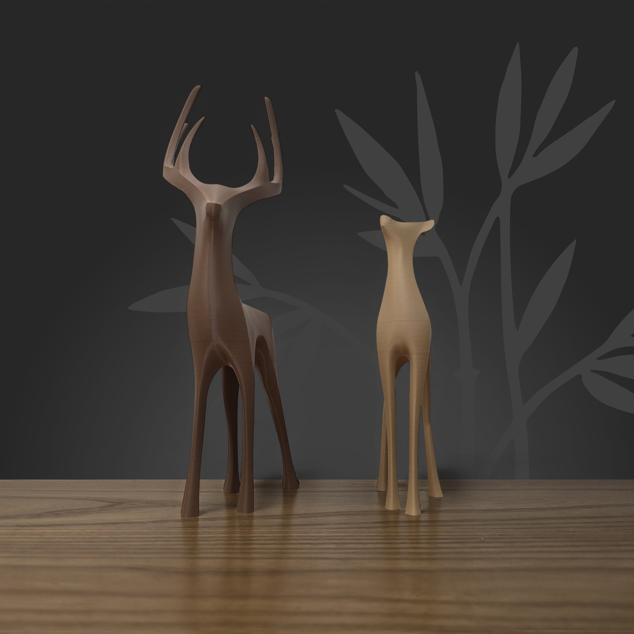 Figurines cerf et biche artisanales fabriquées en France, bio-matière éco-responsable coloris terreux.