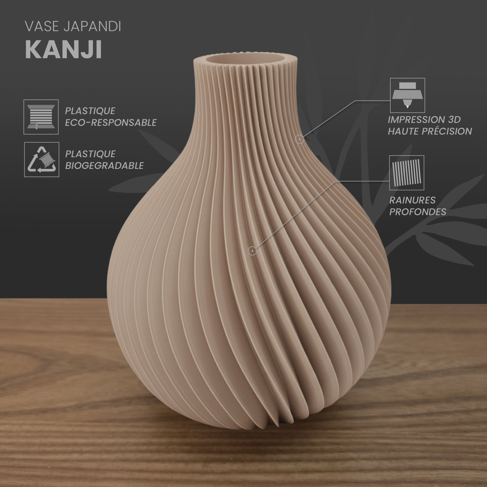 Vase étanche au design texture striée, style Japandi éco-responsable pour fleurs fraîches, fabriqué en France